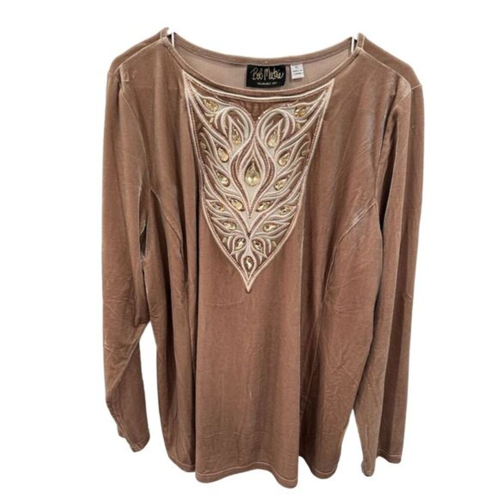 Bob Mackie Women's XL Brown Velvet Embroidered Long Sleeve Blouse